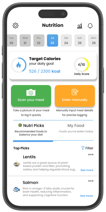 Helibrain app showing nutrition tracking with daily score and brain food recommendations