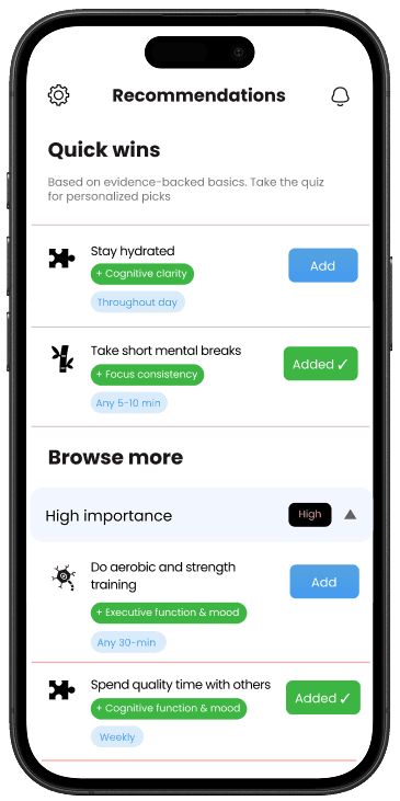Helibrain app showing personalized recommendations with quick wins and importance levels